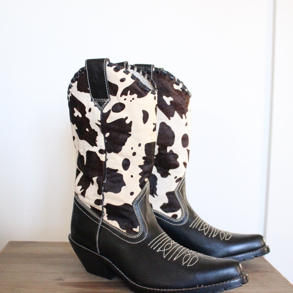 Vintage Maya Cow Print Western Cowboy Boots Pony Hair Black White 7. Hee…